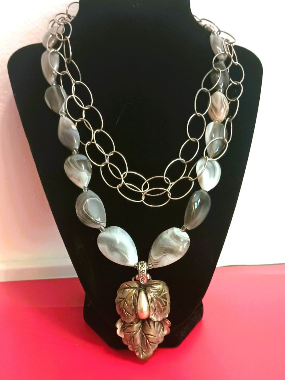 Teardrop Amethyst Purple Bead Necklace 18" Layered Silver Chains Leaf Pendant